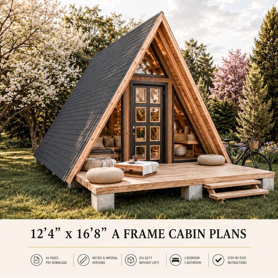 12' x 17' A Frame Cabin Plans, 1 Bedroom 200 SF, A Frame House Plan, Cabin DIY, Tiny House Plans, Small House Blueprints