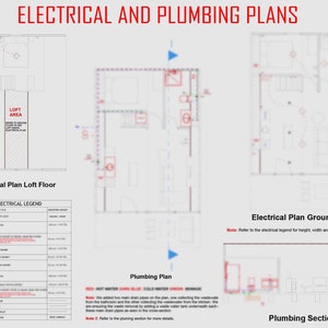 May include: Electrical and plumbing plans for a building. The plans include a loft floor and a ground floor. The electrical plan includes a legend with symbols and descriptions. The plumbing plan includes a note about the main drain pipes and a note to refer to the plumbing section for more details.
