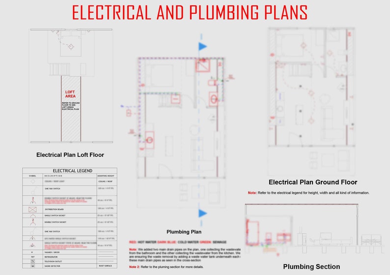 May include: Electrical and plumbing plans for a building. The plans include a loft floor and a ground floor. The electrical plan includes a legend with symbols and descriptions. The plumbing plan includes a note about the main drain pipes and a note to refer to the plumbing section for more details.
