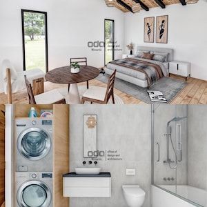 Op de afbeelding: Een modern interieurontwerp met een slaapkamer, badkamer en wasruimte. De slaapkamer heeft een wit bed met een bruin dekbed en een houten vloer. De badkamer heeft een wit toilet, een witte wastafel en een douche. De wasruimte heeft een stapelbare wasmachine en droger.