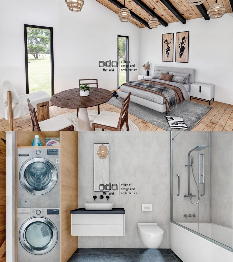 Op de afbeelding: Een modern interieurontwerp met een slaapkamer, badkamer en wasruimte. De slaapkamer heeft een wit bed met een bruin dekbed en een houten vloer. De badkamer heeft een wit toilet, een witte wastafel en een douche. De wasruimte heeft een stapelbare wasmachine en droger.