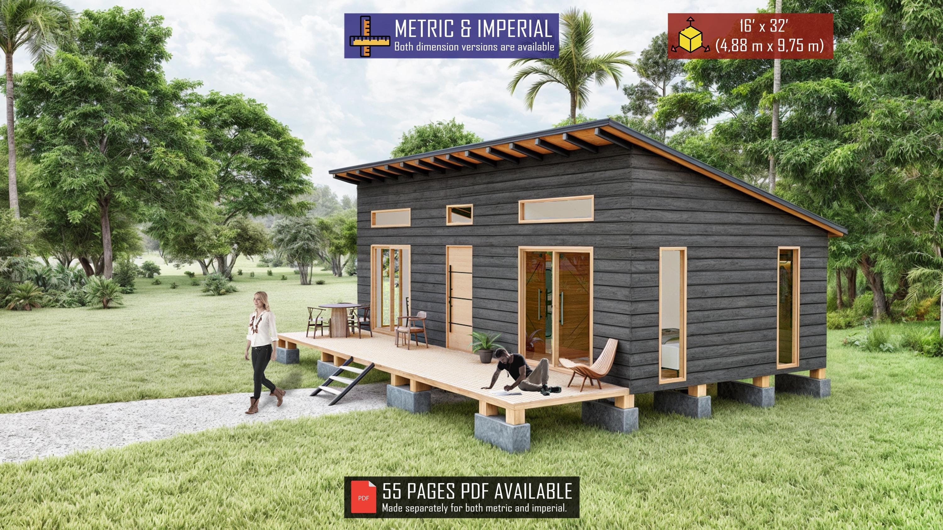 Cabin House Plans 16 x 32, Tiny Cottage Plans, Tiny House Plans, Remote Cabin DIY Plans, Small House Floor Plans, Tiny Cabin Adu Plans