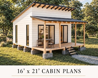 Tiny House Plans 16 x 21, Cabin House Plans, Remote Cabin DIY, Tiny Cottage Plans, Small House Plans, Prefab Adu Floor Plans, Studio Plans