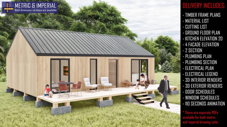 22'x34' Barndominium Plans, 750 SQFT Cottage Plan, 3 Bedroom Farmhouse Blueprints, House Floor Plan image 4