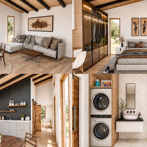May include: A four-panel interior view of a modern home featuring a living room with a grey sectional, a bedroom with a queen bed and wooden wardrobe, a kitchen with black tiled walls and stainless appliances, and a bathroom with a stacked washer-dryer.