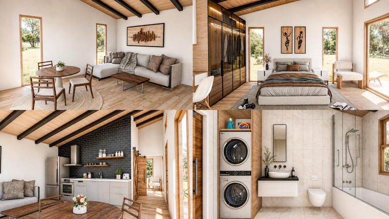 May include: A four-panel interior view of a modern home featuring a living room with a grey sectional, a bedroom with a queen bed and wooden wardrobe, a kitchen with black tiled walls and stainless appliances, and a bathroom with a stacked washer-dryer.