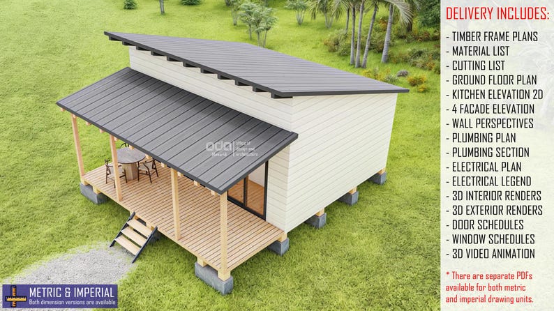 Op de afbeelding: Een 3D-model van een klein, wit, eenlaags huis met een grijs dak en een houten veranda. Het huis staat op een gazon. De tekst "DELIVERY INCLUDES:" staat aan de rechterkant van de afbeelding, gevolgd door een lijst met ontwerptekeningen en renderingen die bij de aankoop zijn inbegrepen.