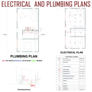 May include: A technical document titled ELECTRICAL AND PLUMBING PLANS featuring a floor plan with plumbing lines in red, dark blue, and green, an electrical plan with lighting symbols, and an electrical legend table detailing mounting heights.