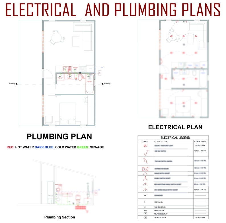 May include: A technical document titled ELECTRICAL AND PLUMBING PLANS featuring a floor plan with plumbing lines in red, dark blue, and green, an electrical plan with lighting symbols, and an electrical legend table detailing mounting heights.