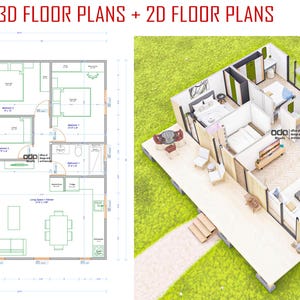 22'x34' Barndominium Plans, 750 SQFT Cottage Plan, 3 Bedroom Farmhouse Blueprints, House Floor Plan image 2