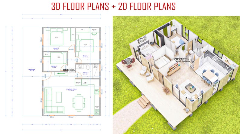 22'x34' Barndominium Plans, 750 SQFT Cottage Plan, 3 Bedroom Farmhouse Blueprints, House Floor Plan image 2