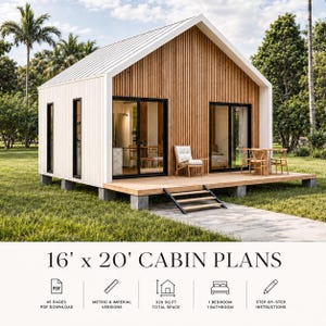 Plan domku letniskowego o wymiarach 16'x20', Plany nowoczesnych małych domków o powierzchni 320 stóp kwadratowych, Plan domku z 1 sypialnią