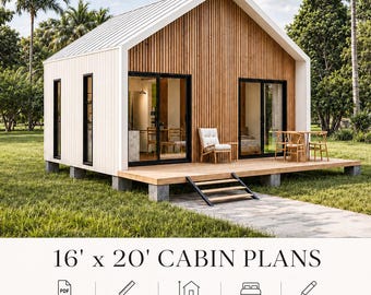 16'x20' Cabin House Plan, 320 SQFT Modern Tiny House Plans, 1 Bedroom Cottage Blueprint