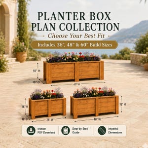 Puede incluir: Una colección digital de planos para jardineras con tres maceteros rectangulares de madera llenos de flores coloridas. El texto dice PLANTER BOX PLAN COLLECTION, Includes 36", 48" & 60" Build Sizes, Instant PDF Download, Step-by-Step Guide e Imperial Dimensions.