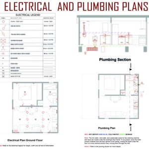 May include: Electrical and plumbing plans for a house. The electrical plan shows the location of lights, outlets, and smoke detectors. The plumbing plan shows the location of hot and cold water pipes, as well as sewage lines.