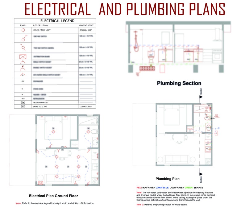 May include: Electrical and plumbing plans for a house. The electrical plan shows the location of lights, outlets, and smoke detectors. The plumbing plan shows the location of hot and cold water pipes, as well as sewage lines.