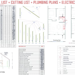 K&ouml;nnte beinhalten: Ein schwarz-wei&szlig;er Architekturplan f&uuml;r ein Haus mit einer Material-, Schnitt-, Sanit&auml;r- und Elektroinstallationsplan. Der Plan beinhaltet einen Grundriss, einen Schnitt und eine Legende f&uuml;r die elektrischen Symbole.