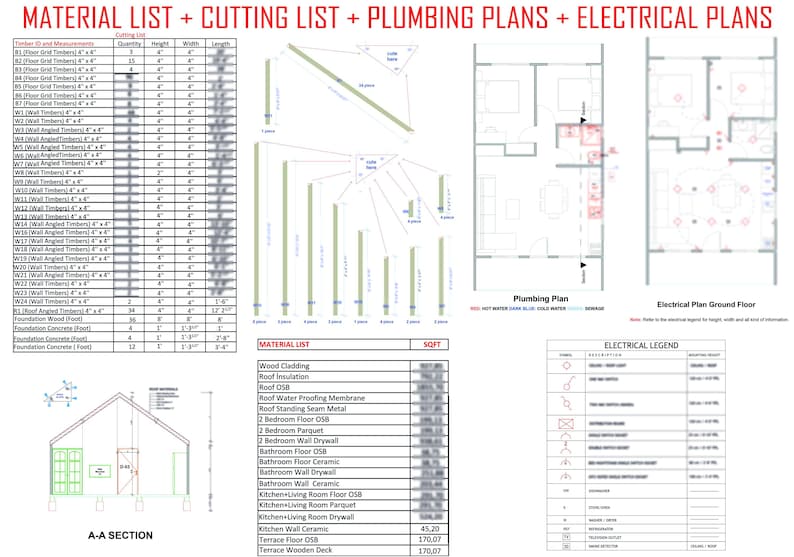 K&ouml;nnte beinhalten: Ein schwarz-wei&szlig;er Architekturplan f&uuml;r ein Haus mit einer Material-, Schnitt-, Sanit&auml;r- und Elektroinstallationsplan. Der Plan beinhaltet einen Grundriss, einen Schnitt und eine Legende f&uuml;r die elektrischen Symbole.