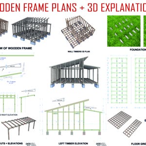 Op de afbeelding: Een diagram dat de plannen voor een houten framehuis laat zien. Het diagram bevat een 3D-weergave van het frame, een plattegrond, een vloerrasterplan en aanzichten van de voor-, rechter- en linkerzijde van het huis.