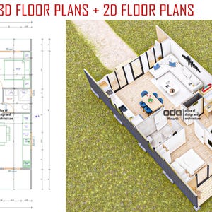 K&ouml;nnte beinhalten: Ein 3D-Grundriss eines Hauses mit einem Wohnzimmer, einer K&uuml;che und zwei Schlafzimmern. Der Grundriss ist als 2D-Zeichnung auf der linken Seite des Bildes dargestellt. Der Text "3D FLOOR PLANS + 2D FLOOR PLANS" befindet sich oben im Bild.