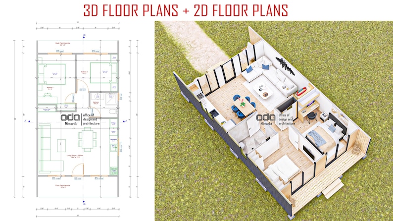 K&ouml;nnte beinhalten: Ein 3D-Grundriss eines Hauses mit einem Wohnzimmer, einer K&uuml;che und zwei Schlafzimmern. Der Grundriss ist als 2D-Zeichnung auf der linken Seite des Bildes dargestellt. Der Text "3D FLOOR PLANS + 2D FLOOR PLANS" befindet sich oben im Bild.