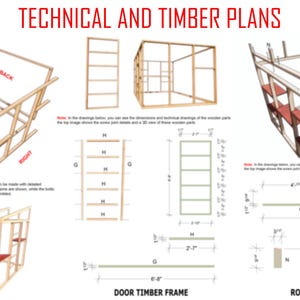 Puede incluir: Planos t&eacute;cnicos y de madera con diagramas y medidas. La imagen muestra varias estructuras de marcos de madera, incluido un marco de puerta y un marco de techo, con dimensiones detalladas en cm y metros. El texto "TECHNICAL AND TIMBER PLANS" es rojo.