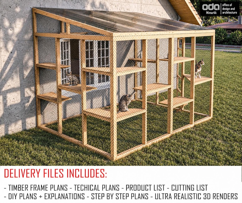 Planos para Catio de 9x12, Casa para gatos, Parque de juegos exterior para gatos, Refugio para animales de bricolaje (PDF) imagen 3