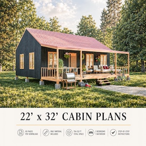 22'x32' Tiny Barn House Plannen, Barndominium Blauwdrukken, 700 SQFT Cabin DIY, Klein Huis