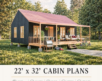 22'x32' Tiny Barn House Plans, Barndominium Blueprints, 700 SQFT Cabin DIY, Small House