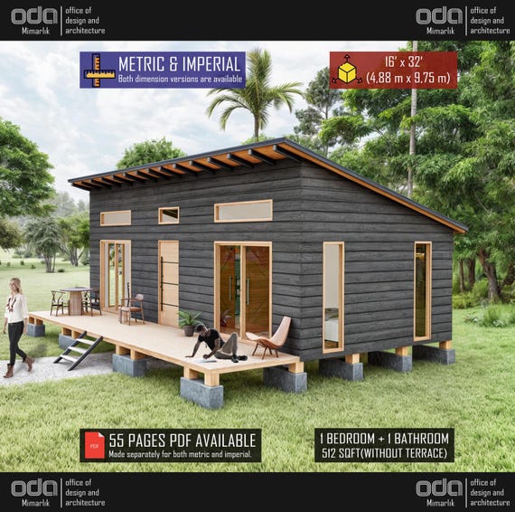 Cabin House Plans 16 x 32, Tiny Cottage Plans, Tiny House Plans, Remote Cabin DIY Plans, Small House Floor Plans, Tiny Cabin Adu Plans
