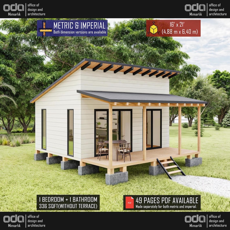 Tiny House-plattegronden 16 x 21, Cabin House-plattegronden, Remote Cabin DIY, Tiny Cottage-plannen, Kleine Huisplannen, Prefab Adu-plattegronden, Studioplannen afbeelding 1