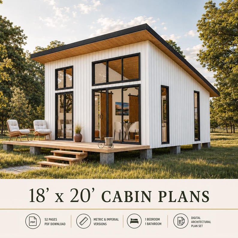 Cabin House Plans 18 x 20, Tiny House Plans, Cabin DIY Plans, Tiny Cottage Plans, Small Cabin Plans, Tiny Cabin Plans, Small House Adu Plans image 1