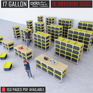 May include: A set of 16 different sized, wooden storage shelves with wheels. The shelves are filled with yellow and black storage bins. The shelves are labeled "17 Gallon" and "16 Different Sizes".