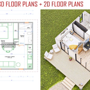May include: A 2D floor plan and a 3D rendering of a small house with a bedroom, bathroom, living room, and kitchen. The house is approximately 20 feet by 20 feet.