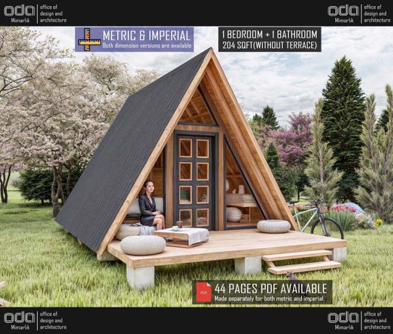 12' x 17' A Frame Cabin Plans, 1 Bedroom 200 SF, A Frame House Plan, Cabin DIY, Tiny House Plans, Small House Blueprints