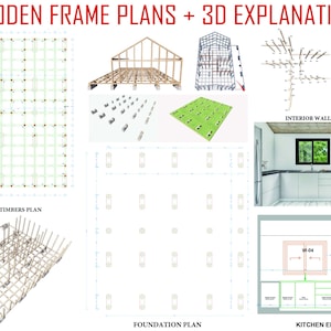 May include: Diagram showing the plans for a wooden frame house. The plans include a foundation plan, vertical timbers plan, and a kitchen elevation. The diagram also includes a 3D perspective of the interior walls.