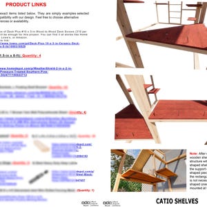 Puede incluir: Un proyecto de estanter&iacute;as para gatos con estantes y soportes de madera. Los estantes est&aacute;n te&ntilde;idos de rojo y fijados al marco de madera. La imagen incluye una lista de enlaces de productos para tornillos y madera.