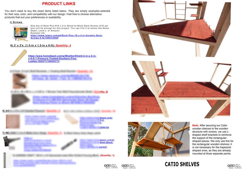 Puede incluir: Un proyecto de estanter&iacute;as para gatos con estantes y soportes de madera. Los estantes est&aacute;n te&ntilde;idos de rojo y fijados al marco de madera. La imagen incluye una lista de enlaces de productos para tornillos y madera.