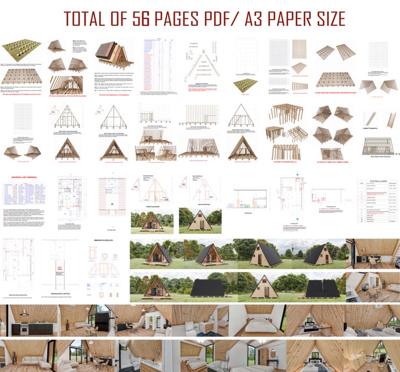 May include: A 56-page PDF guide for building a small A-frame cabin. The guide includes detailed diagrams and instructions for framing, roofing, and interior design. The guide also includes 3D renderings of the finished cabin.