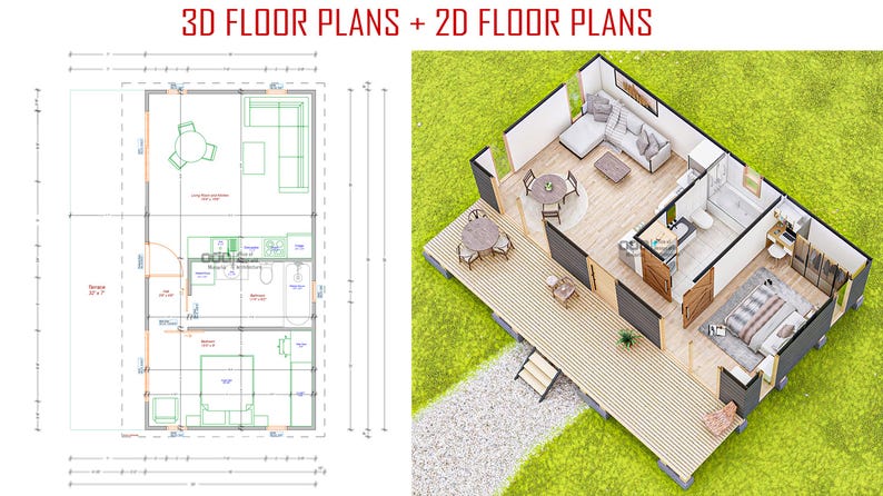 May include: A side-by-side architectural visualisation featuring a 2D technical floor plan on the left and a 3D isometric rendering of the same house layout on the right, with the text 3D FLOOR PLANS + 2D FLOOR PLANS displayed at the top.