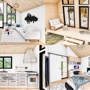 K&ouml;nnte beinhalten: Ein modernes, minimalistisches Hausinnere mit wei&szlig;en W&auml;nden, Holzb&ouml;den und gro&szlig;en Fenstern. Das Haus verf&uuml;gt &uuml;ber ein Wohnzimmer mit einem wei&szlig;en Sofa, ein Esszimmer mit einem Holztisch und blauen St&uuml;hlen, eine K&uuml;che mit wei&szlig;en Schr&auml;nken und Edelstahlger&auml;ten sowie ein Schlafzimmer mit einem schwarzen Bettgestell und einer wei&szlig;en Bettdecke.