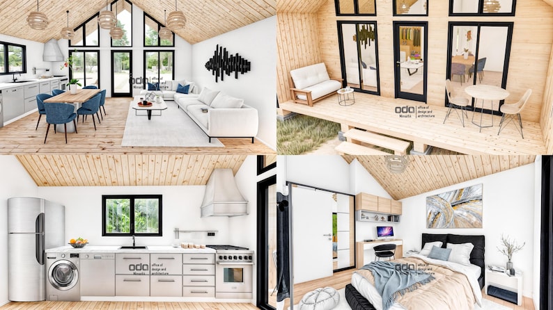 K&ouml;nnte beinhalten: Ein modernes, minimalistisches Hausinnere mit wei&szlig;en W&auml;nden, Holzb&ouml;den und gro&szlig;en Fenstern. Das Haus verf&uuml;gt &uuml;ber ein Wohnzimmer mit einem wei&szlig;en Sofa, ein Esszimmer mit einem Holztisch und blauen St&uuml;hlen, eine K&uuml;che mit wei&szlig;en Schr&auml;nken und Edelstahlger&auml;ten sowie ein Schlafzimmer mit einem schwarzen Bettgestell und einer wei&szlig;en Bettdecke.
