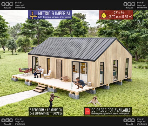 22'x34' Barndominium Plans, 750 SQFT Cottage Plan, 3 Bedroom Farmhouse Blueprints, House Floor Plan