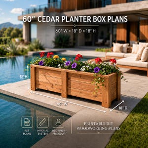 Puede incluir: Una jardinera rectangular de cedro llena de flores rojas, amarillas, moradas y blancas. El texto dice 60" CEDAR PLANTER BOX PLANS, 60" W x 18" D x 18" H, PRINTABLE DIY WOODWORKING PLANS, PDF PLANS, IMPERIAL SYSTEM, BEGINNER FRIENDLY.