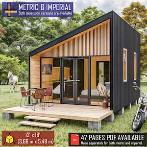 Tiny House-plannen 12' x 18', Cabin House-plannen, Modern Tiny House, Cabin DIY-plannen, Kleine Huisplannen, Prefab Tiny House, Tiny Cabin-plannen