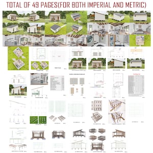 Op de afbeelding: Een set van 49 pagina's met architectuurtekeningen voor een klein huis. De tekeningen omvatten plattegronden, dakplannen, gevels en framedetails. De tekeningen zijn in zowel imperiale als metrische eenheden.  "TOTAL OF 49 PAGES (FOR BOTH IMPERIAL AND METRIC)" staat bovenaan de pagina gedrukt.