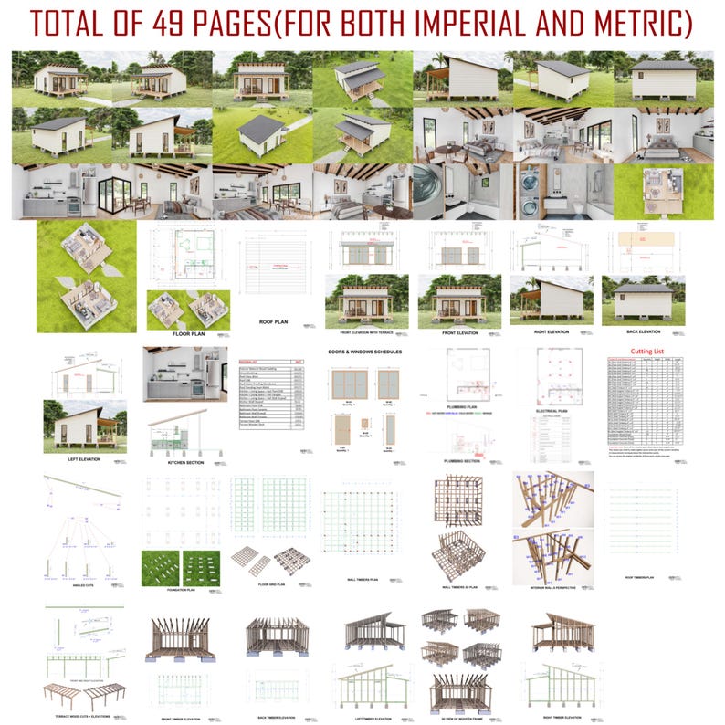 Op de afbeelding: Een set van 49 pagina's met architectuurtekeningen voor een klein huis. De tekeningen omvatten plattegronden, dakplannen, gevels en framedetails. De tekeningen zijn in zowel imperiale als metrische eenheden.  "TOTAL OF 49 PAGES (FOR BOTH IMPERIAL AND METRIC)" staat bovenaan de pagina gedrukt.