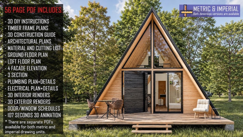 20'x25' A-Frame Cabin Plans, 500 SQFT, Tiny House 2 Bedroom, Loft House Blueprint image 4