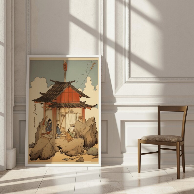 Vintage Japanese Wall Art Japandi Art Print Japanese Hut Woodblock