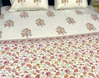 Hand Block Floral Print Bedsheet Set Pink Pure Cotton Bedsheet Design Boho Quilt Soft Bedsheet Queen Flat Sheet Perfect Gift Bed Spread